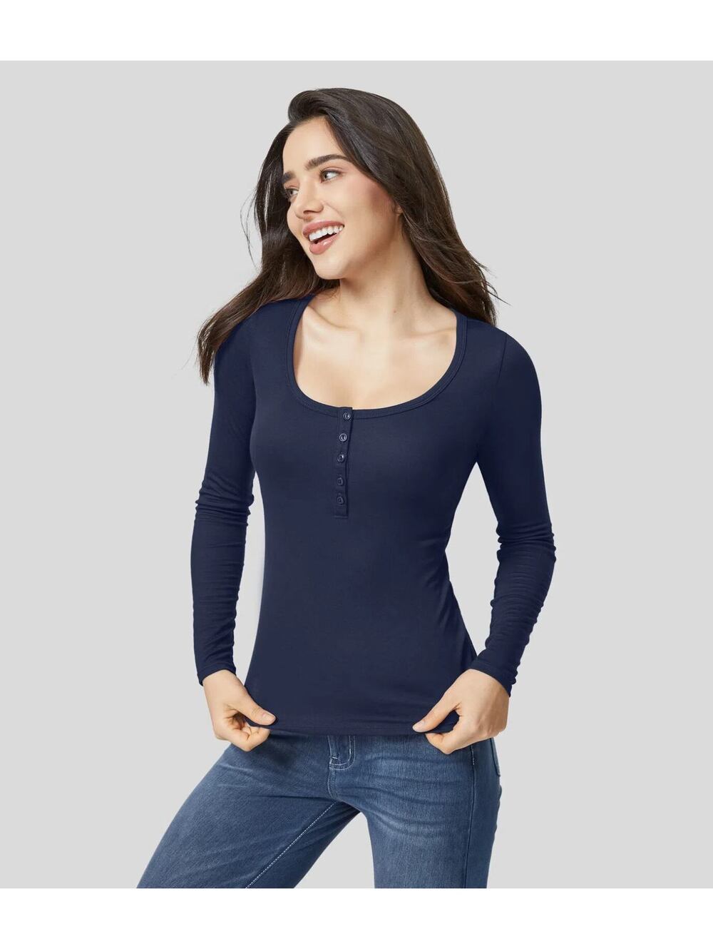 HALARA Ribbed Henley Neck Long Sleeve Slim Casual T-Shirt- Size S